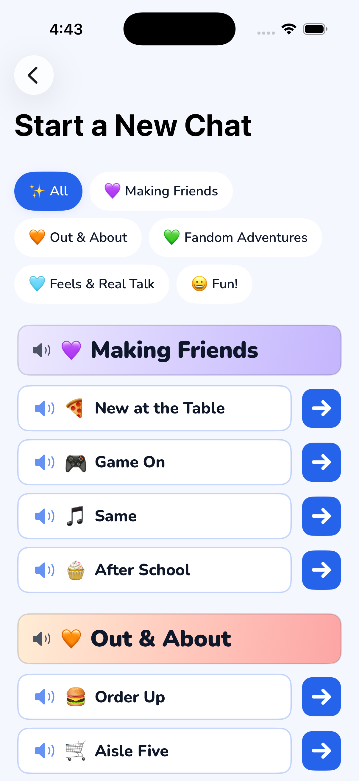 LetsChat topic picker showing categories like Making Friends, Out and About, Fandom Adventures, and Feels and Real Talk, with individual chat topics listed below