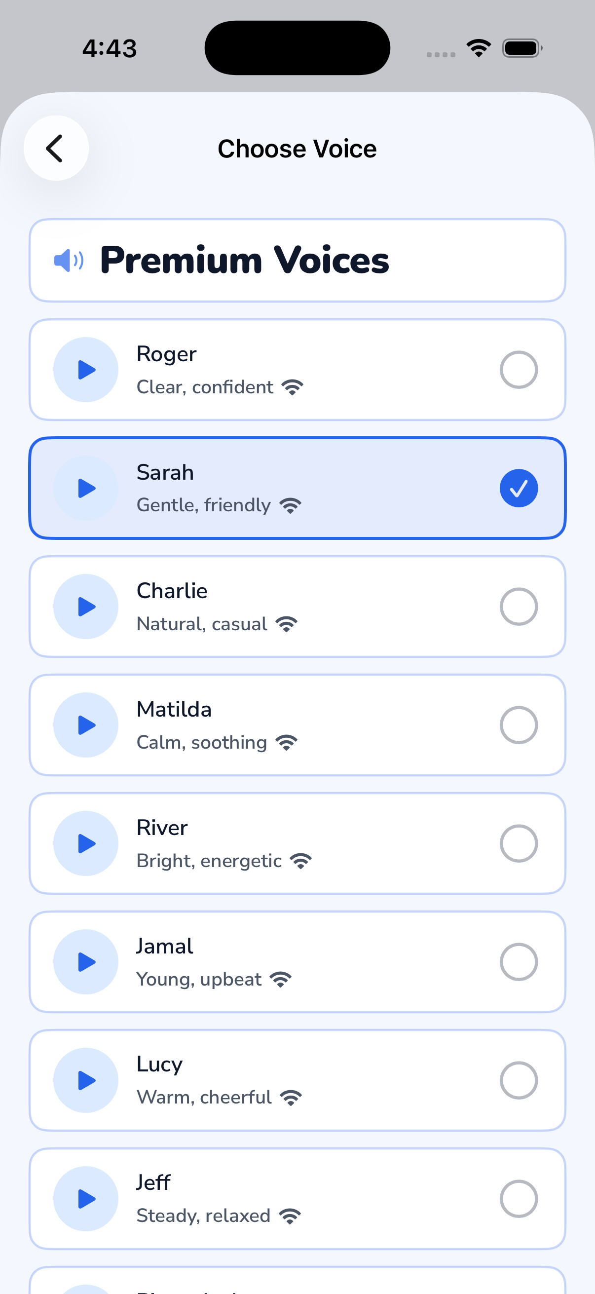 LetsChat voice picker showing Premium Voices including Roger, Sarah, Charlie, Matilda, River, Jamal, Lucy, and Jeff with descriptions and play buttons